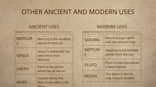 OTHER ANCIENT AND MODERN USES
MERCUR
Y
Mercury is the smallest
planet of them all
VENUS
Venus is extremely hot,
even more than
Mercury
EARTH
Earth is the planet
where we all live on
MARS
Despite being red,
Mars is actually a cold
ANCIENT USES
SATURN
Saturn is a gas giant
and has several rings
NEPTUN
E
Neptune is the farthest
planet from the Sun
PLUTO
Pluto is now considered
a dwarf planet
MOON
The Moon is Earth’s
only natural satellite
MODERN USES
 