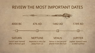 REVIEW THE MOST IMPORTANT DATES
NEPTUNE
Neptune is very far
away from us
JUPITER
Jupiter doesn’t have
a solid surface
SATURN
Saturn was named
after a Roman god
VENUS
Venus is the second
planet from the Sun
476 AD 1789 AD
4000 BC 1492 AD
 
