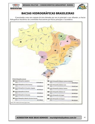 BRIGADA MILITAR – CONHECIMENTOS GERAISPROF. MURIEL




               BACIAS HIDROGRÁFICAS BRASILEIRAS
       Conceituadas como um conjunto de terra drenadas por um rio principal e seus afluentes, as bacias
hidrográficas brasileiras são constituídas basicamente por bacias principais e secundários.




        ACREDITEM NOS SEUS SONHOS - murielpinto@yahoo.com.br                                        40
 