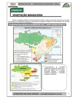 BRIGADA MILITAR – CONHECIMENTOS GERAISPROF. MURIEL




      Temática 10


        VEGETAÇÃO BRASILEIRA
         Estudar as paisagens vegetais do Brasil será sempre relativo a algo que quase não existe mais ou que está
em processo de transformação. Quando os colonizadores portugueses chegaram ao Brasil existiam duas imensas
florestas (floresta amazônica e Mata Atlântica).
 “Estudo diz que Brasil é líder em desmatamento no mundo 2008”. Fonte: G1 (Agência de notícias da Globo).




                                                                       Normalmente        as    formações
                     Amazônico                                     vegetais são divididas de acordo com o
                                                                   porte dos vegetais que as compõe:
                                           Caatinga                Formações Arbóreas + formações
                                                                   arbustivas (herbáceas) + formações
                               Cerrado                             complexas e litorâneas.
                                       Mares de Morro
                             Araucária
                     Pradarias




         ACREDITEM NOS SEUS SONHOS - murielpinto@yahoo.com.br                                                  55
 