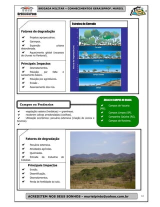 BRIGADA MILITAR – CONHECIMENTOS GERAISPROF. MURIEL




                                                Estratos do Cerrado

   Fatores de degradação
           Projetos agropecuários.
           Garimpos.
          Expansão                    urbana
   desordenada.
          Aquecimento global (escassez
   de chuvas no Pantanal).


   Principais Impactos
           Desmatamentos.
         Poluição     por          falta    e
   saneamento básico.
           Poluição por agrotóxicos.
           Erosão .
           Assoreamento dos rios.




                                                                          ÁREAS DE CAMPOS NO BRASIL
  Campos ou Pradrarias                                                         Campos de Vacaria
                                                                       (MS).
       vegetação rasteira (herbácea) = gramíneas.                              Campos Limpos (SP).
       recobrem colinas arredondadas (coxilhas).
                                                                               Campanha Gaúcha (RS).
       Utilização econômica: pecuária extensiva (criação de ovinos e
bovinos).                                                                      Campos de Roraima.




       Fatores de degradação

           Pecuária extensiva.
           Atividades agrícolas.
           Queimadas.
           Entrada     da    Industria     de
   Celulose.

         Principais Impactos
           Erosão.
           Desertificação.
           Desmatamentos.
           Perda de fertilidade do solo.




         ACREDITEM NOS SEUS SONHOS - murielpinto@yahoo.com.br                                          61
 