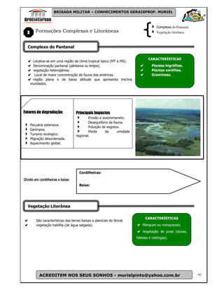 BRIGADA MILITAR – CONHECIMENTOS GERAISPROF. MURIEL



                                                                                       Complexo do Pantanal.
  3      Formações Complexas e Litorâneas                                              Vegetação litorânea.



  Complexo do Pantanal

                                                                                 CARACTERÍSTICAS
        Localiza-se em uma região de clima tropical típico (MT e MS).
        Denominação pantanal (pântanos ou brejos).                                 Plantas higrófilas.
        vegetação heterogênea.                                                     Plantas xerófilas.
         Local de maior concentração de fauna das américas.                        Gramíneas.
        região plana e de baixa altitude que apresenta trechos
      inundados.




Fatores de degradação:              Principais Impactos
                                            Erosão e assoremaneto.
                                            Desequilíbrio da fauna.
      Pecuária extensiva.
                                            Poluição de esgotos.
      Garimpos.
                                            Perda      da      umidade
      Turismo ecologico.            regional.
      Migração desordenada.
      Aquecimento global.




                                       Cordilheiras:

Divido em cordilheiras e baías:
                                       Baías:




  Vegetação Litorânea

                                                                               CARACTERÍSTICAS
         São características das terras baixas e planícies do litoral.
         vegetação halófila (de água salgada).                               Mangues ou manguezais.
                                                                             Vegetação de praia (dunas,
                                                                         falésias e restingas).




           ACREDITEM NOS SEUS SONHOS - murielpinto@yahoo.com.br                                                62
 