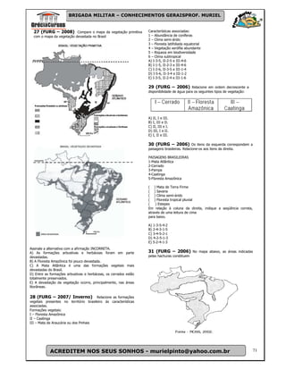 BRIGADA MILITAR – CONHECIMENTOS GERAISPROF. MURIEL


  27 (FURG – 2008) Compare o mapa da vegetação primitiva            Características associadas:
  com o mapa da vegetação devastada no Brasil                       1 – Abundância de coníferas
                                                                    2 – Clima semi-árido
                                                                    3 – Floresta latifoliada equatorial
                                                                    4 – Vegetação xerófila abundante
                                                                    5 – Riqueza em biodiversidade
                                                                    6 – Clima subtropical
                                                                    A) I-3-5, II-2-5 e III-4-6
                                                                    B) I-1-5, II-2-3 e III-4-6
                                                                    C) I-2-6, II-3-5 e III-1-4
                                                                    D) I-5-6, II-3-4 e III-1-2
                                                                    E) I-3-5, II-2-4 e III-1-6

                                                                    29 (FURG – 2006) Relacione em ordem decrescente a
                                                                    disponibilidade de água para os seguintes tipos de vegetação:




                                                                    A) II, I e III.
                                                                    B) I, III e II.
                                                                    C) II, III e I.
                                                                    D) III, I e II.
                                                                    E) I, II e III.

                                                                    30 (FURG – 2006) Os itens da esquerda correspondem a
                                                                    paisagens brasileiras. Relacione-os aos itens da direita.

                                                                    PAISAGENS BRASILEIRAS
                                                                    1-Mata Atlântica
                                                                    2-Cerrado
                                                                    3-Pampa
                                                                    4-Caatinga
                                                                    5-Floresta Amazônica

                                                                    ( ) Mata de Terra Firme
                                                                    ( ) Savana
                                                                    ( ) Clima semi-árido
                                                                    ( ) Floresta tropical pluvial
                                                                    (   ) Estepes
                                                                    Em relação à coluna da direita, indique a seqüência correta,
                                                                    através de uma leitura de cima
                                                                    para baixo.

                                                                    A) 1-3-5-4-2
                                                                    B) 2-4-3-1-5
                                                                    C) 3-4-5-2-1
                                                                    D) 4-2-5-1-3
                                                                    E) 5-2-4-1-3
Assinale a alternativa com a afirmação INCORRETA.
A) As formações arbustivas e herbáceas foram em             parte   31 (FURG – 2006) No mapa abaixo, as áreas indicadas
devastadas.                                                         pelas hachuras constituem
B) A Floresta Amazônica foi pouco devastada.
C) A Mata Atlântica é uma das formações vegetais            mais
devastadas do Brasil.
D) Entre as formações arbustivas e herbáceas, os cerrados   estão
totalmente preservados.
E) A devastação da vegetação ocorre, principalmente, nas    áreas
litorâneas.

28 (FURG – 2007/ Inverno)              Relacione as formações
vegetais presentes no território brasileiro às características
associadas.
Formações vegetais:
I – Floresta Amazônica
II – Caatinga
III – Mata de Araucária ou dos Pinhais




            ACREDITEM NOS SEUS SONHOS - murielpinto@yahoo.com.br                                                                    71
 