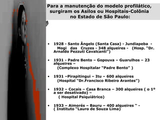 Para a manutenção do modelo profilático,
 surgiram os Asilos ou Hospitais-Colônia
         no Estado de São Paulo:




•   1928 - Santo Ângelo (Santa Casa) - Jundiapeba -
     Mogi das Cruzes - 348 alqueires - (Hosp. “Dr.
    Arnaldo Pezzuti Cavalcanti”)

•   1931 - Padre Bento – Gopouva – Guarulhos – 23
    alqueires –
      (Complexo Hospitalar “Padre Bento” )

•   1931 –Pirapitingui – Itu – 600 alqueires
     (Hospital “Dr.Francisco Ribeiro Arantes”)

•   1932 – Cocais – Casa Branca – 300 alqueires ( o 1º
    a ser desativado) –
       ( Hospital Psiquiátrico)

•   1933 – Aimorés – Bauru – 400 alqueires “ -
    ( Instituto “Lauro de Souza Lima)
 