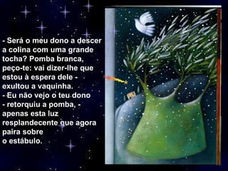 - Será o meu dono a descer a colina com uma grande tocha? Pomba branca, peço-te: vai dizer-lhe que estou à espera dele - exultou a vaquinha. - Eu não vejo o teu dono - retorquiu a pomba, - apenas esta luz resplandecente que agora paira sobre o estábulo. 