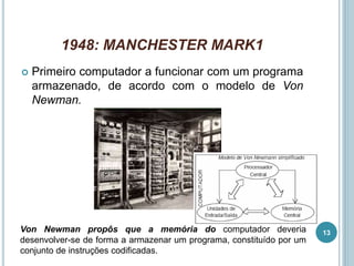 1948: MANCHESTER MARK1
 Primeiro computador a funcionar com um programa
armazenado, de acordo com o modelo de Von
Newman.
Von Newman propôs que a memória do computador deveria
desenvolver-se de forma a armazenar um programa, constituído por um
conjunto de instruções codificadas.
13
 