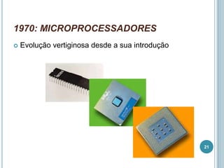 1970: MICROPROCESSADORES
 Evolução vertiginosa desde a sua introdução
21
 