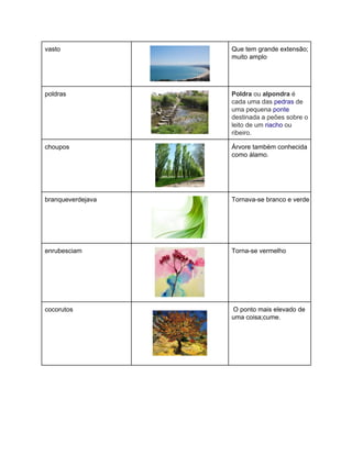 vasto 
 
Que tem grande extensão; 
muito amplo 
poldras 
 
Poldra ou alpondra é 
cada uma das pedras de 
uma pequena ponte 
destinada a peões sobre o 
leito de um riacho ou 
ribeiro. 
choupos 
 
Árvore também conhecida 
como álamo. 
branqueverdejava 
 
Tornava­se branco e verde 
enrubesciam 
 
Torna­se vermelho 
cocorutos 
 
 O ponto mais elevado de 
uma coisa;cume. 
 
 
 
 
 