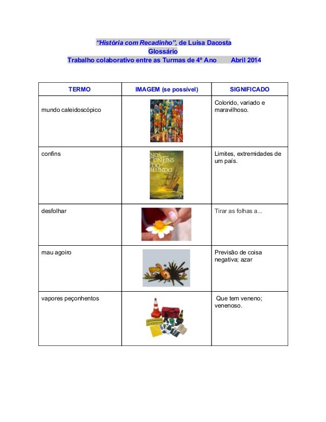 “História com Recadinho”, de Luísa Dacosta 
Glossário 
Trabalho colaborativo entre as Turmas de 4º Ano        Abril 2014 
...