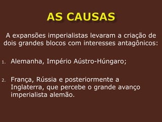 AS CAUSASA expansões imperialistas levaram a criação de dois grandes blocos com interesses antagônicos:Alemanha, Império Aústro-Húngaro;França, Rússia e posteriormente a Inglaterra, que percebe o grande avanço imperialista alemão.