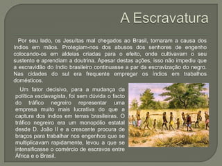 Por seu lado, os Jesuítas mal chegados ao Brasil, tomaram a causa dos
índios em mãos. Protegiam-nos dos abusos dos senhores de engenho
colocando-os em aldeias criadas para o efeito, onde cultivavam o seu
sustento e aprendiam a doutrina. Apesar destas ações, isso não impediu que
a escravidão do índio brasileiro continuasse a par da escravização do negro.
Nas cidades do sul era frequente empregar os índios em trabalhos
domésticos.
  Um fator decisivo, para a mudança da
política esclavagista, foi sem dúvida o facto
do tráfico negreiro representar uma
empresa muito mais lucrativa do que a
captura dos índios em terras brasileiras. O
tráfico negreiro era um monopólio estatal
desde D. João II e a crescente procura de
braços para trabalhar nos engenhos que se
multiplicavam rapidamente, levou a que se
intensificasse o comércio de escravos entre
África e o Brasil.
 