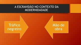A ESCRAVIDÃO NO CONTEXTO DA
MODERNIDADADE
Tráfico
negreiro
Mão de
obra
 