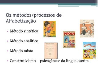 Os métodos/processos de
Alfabetização
• Método sintético
• Método analítico
• Método misto

• Construtivismo – psicogênese da língua escrita

 