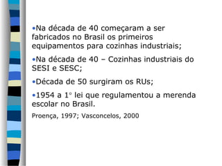 •Na década de 40 começaram a ser
fabricados no Brasil os primeiros
equipamentos para cozinhas industriais;
•Na década de 40 – Cozinhas industriais do
SESI e SESC;
•Década de 50 surgiram os RUs;
•1954 a 1° lei que regulamentou a merenda
escolar no Brasil.
Proença, 1997; Vasconcelos, 2000
 