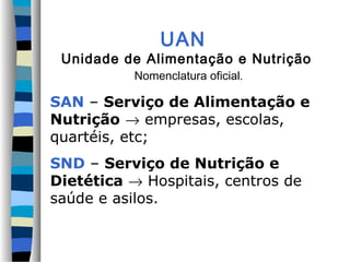 UAN
Unidade de Alimentação e Nutrição
Nomenclatura oficial.
SAN – Serviço de Alimentação e
Nutrição → empresas, escolas,
quartéis, etc;
SND – Serviço de Nutrição e
Dietética → Hospitais, centros de
saúde e asilos.
 