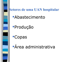 Setores de uma UAN hospitalar
Abastecimento
Produção
Copas
Área administrativa
 