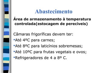 Abastecimento
Área de armazenamento à temperatura
controlada(estocagem de perecíveis)
Câmaras frigoríficas devem ter:
Até 4ºC para carnes;
Até 8ºC para laticínios sobremesas;
Até 10ºC para frutas vegetais e ovos;
Refrigeradores de 4 a 8º C.
 
