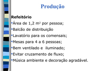 Produção
Refeitório
Área de 1,2 m2
por pessoa;
Balcão de distribuição
Lavatório para os comensais;
Mesas para 4 a 6 pessoas;
Bem ventilado e iluminado;
Evitar cruzamento de fluxo;
Música ambiente e decoração agradável.
 