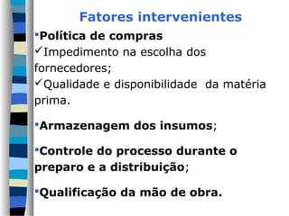 Fatores intervenientes
Política de compras
Impedimento na escolha dos
fornecedores;
Qualidade e disponibilidade da matéria
prima.
Armazenagem dos insumos;
Controle do processo durante o
preparo e a distribuição;
Qualificação da mão de obra.
 