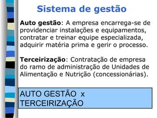 Sistema de gestão
Auto gestão: A empresa encarrega-se de
providenciar instalações e equipamentos,
contratar e treinar equipe especializada,
adquirir matéria prima e gerir o processo.
Terceirização: Contratação de empresa
do ramo de administração de Unidades de
Alimentação e Nutrição (concessionárias).
AUTO GESTÃO x
TERCEIRIZAÇÃO
 