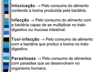 Intoxicação → Pelo consumo do alimento
contendo a toxina produzida pela bactéria.

Infecção → Pelo consumo do alimento com
a bactéria capaz de se multiplicar no trato
digestivo ou mucosa intestinal.

Toxi-infecção → Pelo consumo de alimento
com a bactéria que produz a toxina no trato
digestivo.

Parasitoses → Pelo consumo de alimentos
com parasitas que se desenvolvem no
organismo humano.
 