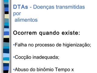 DTAs - Doenças transmitidas
por
 alimentos

Ocorrem quando existe:

•Falha no processo de higienização;

•Cocção inadequada;

•Abuso do binômio Tempo x
 