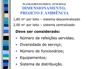 PLANEJAMENTO FÍSICO - FUNCIONAL
     DIMENSIONAMENTO,
    PROJETO E AMBIÊNCIA
1,80 m2 por leito – sistema descentralizado
2,00 m2 por leito – sistema centralizado

 Deve ser considerado:
 • Número de refeições servidas;
 • Diversidade do serviço;
 • Número de funcionários;
 • Equipamentos;
 • Sistema de distribuição.
 