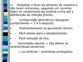 ∀•    Respeitar o fluxo do alimento de maneira a
não haver retrocesso, seguindo um caminho
lógico do recebimento da matéria prima até a
distribuição da refeição pronta;
•    Configuração geométrica retangular
(comprimento = 2 X a largura);
•     Preferentemente no pavimento térreo;
•     Fácil acesso para o abastecimento;
•     Fácil remoção de lixo;
•     Iluminação natural → não alterar as
características sensoriais
      ( Luz artificial – luminárias protegidas).
 