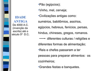 •Pão (egípcios);
                  •Vinho, mel, cerveja;
                   -

                  •Civilizações antigas como:
  IDADE
 ANTIGA           sumérios, babilômios, assírios,
 De 4000 A.C.
 (invenção da     egípcios, hebreus, fenícios, persas,
 escrita) até o
século 5º D.C.
                  hindus, chineses, gregos, romanos.
                        diferentes culturas / religiões e
                  diferentes formas de alimentação;
                  •Reis e chefes passaram a ter
                  pessoas para preparar alimentos: os
                  cozinheiros;
                  •Grandes festas e banquetes.
 