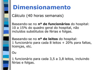 Dimensionamento
Cálculo (40 horas semanais)

Baseando-se no nº de funcionários do hospital:
10 a 15% do quadro geral do hospital, não
incluídos substitutos de férias e folgas.

Baseando-se no nº de leitos do hospital:
1 funcionário para cada 8 leitos + 20% para faltas,
licenças, etc.
Ou

1 funcionário para cada 3,5 a 3,8 leitos, incluindo
férias e folgas.
 