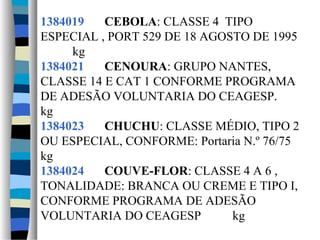1384019   CEBOLA: CLASSE 4 TIPO
ESPECIAL , PORT 529 DE 18 AGOSTO DE 1995
     kg
1384021   CENOURA: GRUPO NANTES,
CLASSE 14 E CAT 1 CONFORME PROGRAMA
DE ADESÃO VOLUNTARIA DO CEAGESP.
kg
1384023   CHUCHU: CLASSE MÉDIO, TIPO 2
OU ESPECIAL, CONFORME: Portaria N.º 76/75
kg
1384024   COUVE-FLOR: CLASSE 4 A 6 ,
TONALIDADE: BRANCA OU CREME E TIPO I,
CONFORME PROGRAMA DE ADESÃO
VOLUNTARIA DO CEAGESP         kg
 