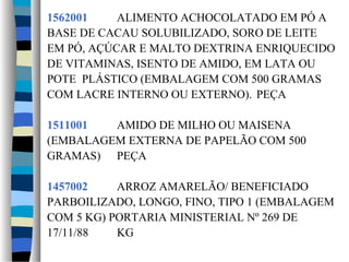 1562001    ALIMENTO ACHOCOLATADO EM PÓ A
BASE DE CACAU SOLUBILIZADO, SORO DE LEITE
EM PÓ, AÇÚCAR E MALTO DEXTRINA ENRIQUECIDO
DE VITAMINAS, ISENTO DE AMIDO, EM LATA OU
POTE PLÁSTICO (EMBALAGEM COM 500 GRAMAS
COM LACRE INTERNO OU EXTERNO). PEÇA

1511001  AMIDO DE MILHO OU MAISENA
(EMBALAGEM EXTERNA DE PAPELÃO COM 500
GRAMAS) PEÇA

1457002    ARROZ AMARELÃO/ BENEFICIADO
PARBOILIZADO, LONGO, FINO, TIPO 1 (EMBALAGEM
COM 5 KG) PORTARIA MINISTERIAL Nº 269 DE
17/11/88   KG
 