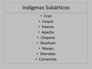 Indígenas Subárticos
        • Cree
       • Iroquis
       • Pawnie
       • Apache
      • Chayene
      • Shoshoni
       • Navajo
      • Sherokee
     • Comanche
 