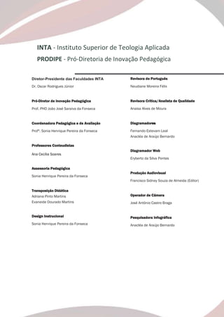 5
INTA - Instituto Superior de Teologia Aplicada
PRODIPE - Pró-Diretoria de Inovação Pedagógica
Diretor-Presidente das Faculdades INTA
Dr. Oscar Rodrigues Júnior
Pró-Diretor de Inovação Pedagógica
Prof. PHD João José Saraiva da Fonseca
Coordenadora Pedagógica e de Avaliação
Profª. Sonia Henrique Pereira da Fonseca
Professores Conteudistas
Ana Cecília Soares
Assessoria Pedagógica
Sonia Henrique Pereira da Fonseca
Transposição Didática
Adriana Pinto Martins
Evaneide Dourado Martins
Design Instrucional
Sonia Henrique Pereira da Fonseca
Revisora de Português
Neudiane Moreira Félix
Revisora Crítica/Analista de Qualidade
Anaisa Alves de Moura
Diagramadores
Fernando Estevam Leal
Anacléa de Araújo Bernardo
Diagramador Web
Eryberto da Silva Pontes
Produção Audiovisual
Francisco Sidney Souza de Almeida (Editor)
Operador de Câmera
José Antônio Castro Braga
Pesquisadora Infográfica
Anacléa de Araújo Bernardo
 