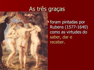 As três graças foram pintadas por Rubens (1577-1640) como as virtudes do  saber, dar e receber . 