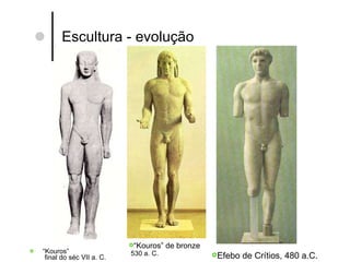 Escultura - evolução “ Kouros”  final do séc VII a. C. “ Kouros” de bronze  530 a. C. Efebo de Crítios, 480 a.C. 