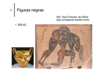 Figuras negras 550 aC. Det. Vaso François, de Clítias Ajax carregando Aquiles morto. 