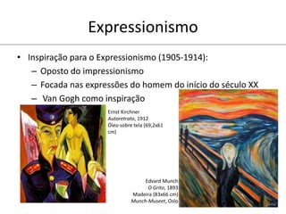 Expressionismo
• Inspiração para o Expressionismo (1905-1914):
– Oposto do impressionismo
– Focada nas expressões do homem do início do século XX
– Van Gogh como inspiração
Ernst Kirchner
Autoretrato, 1912
Óleo sobre tela (69,2x61
cm)
Edvard Munch
O Grito, 1893
Madeira (83x66 cm)
Munch-Museet, Oslo
 
