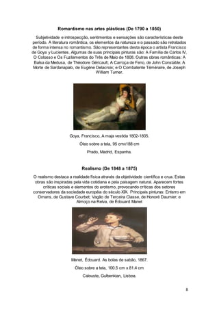 8
Romantismo nas artes plásticas (De 1790 a 1850)
Subjetividade e introspecção, sentimentos e sensações são características deste
período. A literatura romântica, os elementos da natureza e o passado são retratados
de forma intensa no romantismo. São representantes desta época o artista Francisco
de Goya y Lucientes. Algumas de suas principais pinturas são: A Família de Carlos IV,
O Colosso e Os Fuzilamentos do Três de Maio de 1808. Outras obras românticas: A
Balsa da Medusa, de Théodore Géricault; A Carroça de Feno, de John Constable; A
Morte de Sardanapalo, de Eugène Delacroix; e O Combatente Téméraire, de Joseph
William Turner.
Goya, Francisco, A maja vestida 1802-1805.
Óleo sobre a tela, 95 cmx188 cm
Prado, Madrid, Espanha.
Realismo (De 1848 a 1875)
O realismo destaca a realidade física através da objetividade científica e crua. Estas
obras são inspiradas pela vida cotidiana e pela paisagem natural. Aparecem fortes
críticas sociais e elementos do erotismo, provocando críticas dos setores
conservadores da sociedade européia do século XIX. Principais pinturas: Enterro em
Ornans, de Gustave Courbet; Vagão de Terceira Classe, de Honoré Daumier; e
Almoço na Relva, de Édouard Manet
Manet, Édouard. As bolas de sabão, 1867.
Óleo sobre a tela, 100.5 cm x 81.4 cm
Calouste, Gulbenkian, Lisboa.
 