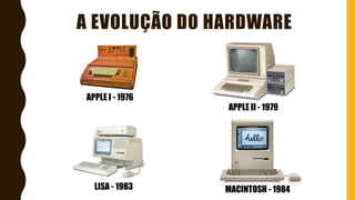 A EVOLUÇÃO DO HARDWARE
APPLE I - 1976
APPLE II - 1979
LISA - 1983 MACINTOSH - 1984
 