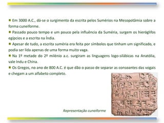 Em 3000 A.C., dá-se o surgimento da escrita pelos Sumérios na Mesopotâmia sobre a
forma cuneiforme.
  Passado pouco tempo e um pouco pela influência da Suméria, surgem os hieróglifos
egípcios e a escrita na Índia.
  Apesar de tudo, a escrita suméria era feita por símbolos que tinham um significado, e
podia ser lida apenas de uma forma muito vaga.
  Na 1º metade do 2º milénio a.c. surgiram as linguagens logo-silábicas na Anatólia,
vale Indu e China.
  Os Gregos, no ano de 800 A.C. é que dão o passo de separar as consoantes das vogais
e chegam a um alfabeto completo.




                                Representação cuneiforme
 
