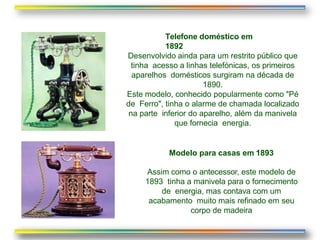 Telefone doméstico em
1892
Desenvolvido ainda para um restrito público que
tinha acesso a linhas telefónicas, os primeiros
aparelhos domésticos surgiram na década de
1890.
Este modelo, conhecido popularmente como "Pé
de Ferro", tinha o alarme de chamada localizado
na parte inferior do aparelho, além da manivela
que fornecia energia.
Modelo para casas em 1893
Assim como o antecessor, este modelo de
1893 tinha a manivela para o fornecimento
de energia, mas contava com um
acabamento muito mais refinado em seu
corpo de madeira
 