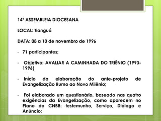 14ª ASSEMBLEIA DIOCESANA

LOCAL: Tianguá

DATA: 08 a 10 de novembro de 1996

- 71 participantes;

-    Objetivo: AVALIAR A CAMINHADA DO TRIÊNIO (1993-
    1996)

-    Início  da   elaboração  do    ante-projeto   de
    Evangelização Rumo ao Novo Milênio;

-    Foi elaborado um questionário, baseado nas quatro
    exigências da Evangelização, como aparecem no
    Plano da CNBB: testemunho, Serviço, Diálogo e
    Anúncio;
 