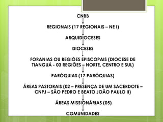 CNBB

         REGIONAIS (17 REGIONAIS – NE I)

                ARQUIDIOCESES

                   DIOCESES

  FORANIAS OU REGIÕES EPISCOPAIS (DIOCESE DE
   TIANGUÁ - 03 REGIÕES – NORTE, CENTRO E SUL)

           PARÓQUIAS (17 PARÓQUIAS)

ÁREAS PASTORAIS (02 – PRESENÇA DE UM SACERDOTE –
    CNPJ – SÃO PEDRO E BEATO JOÃO PAULO II)

            ÁREAS MISSIONÁRIAS (05)

                 COMUNIDADES
 