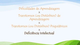 Dificuldades de Aprendizagem
x
Transtornos (ou Distúrbios) de
Aprendizagem
x
Transtornos (ou Distúrbios) Psiquiátricos
x
Deficiência Intelectual
 