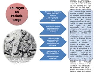 Educação
no
Período
Grego
É o berço da civilização,
tendo como seus
principais
representantes:
Sócrates, Aristóteles e
Platão;
Tem como princípio o
desenvolvimento
individual do ser
humano;
Preparação para o
desenvolvimento
intelectual da
personalidade e a
cidadania;
Ideais pautados na
liberdade política e
moral e no
desenvolvimento
intelectual.
mulheres e submetidas à
autoridade do pai, que poderia
reconhecê-las ou abandoná-
las, que escolhia seu papel
social e era seu tutor legal. A
infância não era valorizada em
toda a cultura antiga: era uma
idade de passagem, ameaçada
por doenças, incerta nos seus
sucessos; sobre ela, portanto,
se fazia um mínimo
investimento afetivo. A criança
crescia em casa, controlada
pelo “medo do pai”,
atemorizada por figuras
míticas semelhantes às bruxas,
gratificada com brinquedos
(bonecas) e entretida com
jogos (bolas, aros, armas
rudimentares), mas sempre era
colocada à margem da vida
social. Ou então, era
submetida à violência, a
estupro, a trabalho, até a
sacrifícios rituais. O menino –
em toda a Antigüidade e na
Grécia também – era um
“marginal” e como tal era
violentado e explorado sob
vários aspectos, mesmo se
gradualmente – a partir dos
sete anos, em geral – era
inserido em instituições
públicas e sociais que lhe
concediam uma identidade e
lhe indicavam uma função. A
menina não recebia qualquer
 