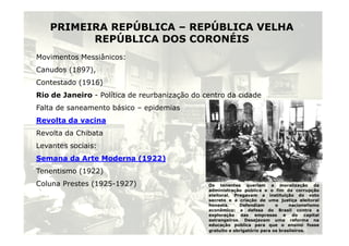 PRIMEIRA REPÚBLICA – REPÚBLICA VELHA
REPÚBLICA DOS CORONÉIS
Movimentos Messiânicos:
Canudos (1897),
Contestado (1916)
Rio de Janeiro - Política de reurbanização do centro da cidade
Falta de saneamento básico – epidemias
Revolta da vacina
Revolta da vacina
Revolta da Chibata
Levantes sociais:
Semana da Arte Moderna (1922)
Tenentismo (1922)
Coluna Prestes (1925-1927) Os tenentes queriam a moralização da
administração pública e o fim da corrupção
eleitoral. Pregavam a instituição do voto
secreto e a criação de uma justiça eleitoral
honesta. Defendiam o nacionalismo
econômico: a defesa do Brasil contra a
exploração das empresas e do capital
estrangeiros. Desejavam uma reforma na
educação pública para que o ensino fosse
gratuito e obrigatório para os brasileiros.
5
 