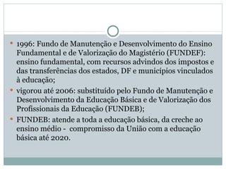 1996: Fundo de Manutenção e Desenvolvimento do Ensino Fundamental e de Valorização do Magistério (FUNDEF):  ensino fundamental, com recursos advindos dos impostos e das transferências dos estados, DF e municípios vinculados à educação; vigorou até 2006: substituído pelo Fundo de Manutenção e Desenvolvimento da Educação Básica e de Valorização dos Profissionais da Educação (FUNDEB); FUNDEB: atende a toda a educação básica, da creche ao ensino médio -  compromisso da União com a educação básica até 2020.  
