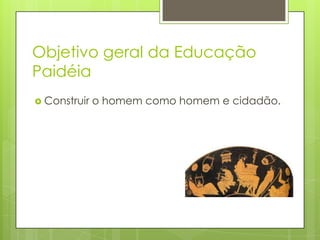 Objetivo geral da Educação
Paidéia
 Construir o homem como homem e cidadão.
 