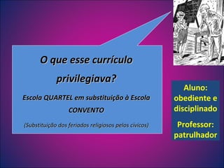 O que esse currículo privilegiava? Escola QUARTEL em substituição à Escola CONVENTO (Substituição dos feriados religiosos pelos cívicos) Aluno: obediente e disciplinado Professor: patrulhador 